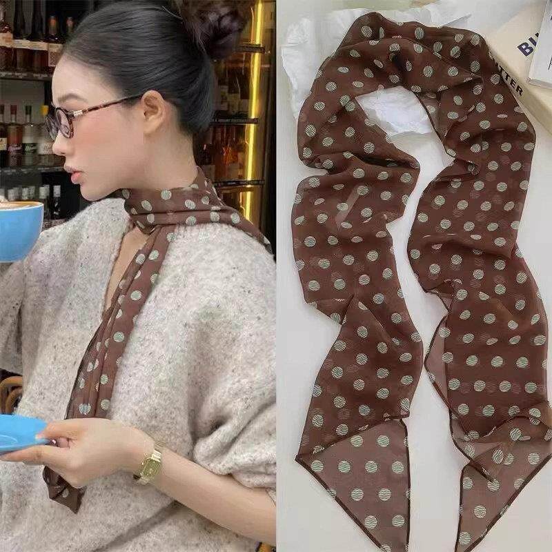 棕色韩版覆古波点丝巾印花高级脖女气质新款领巾百搭发带长条围巾