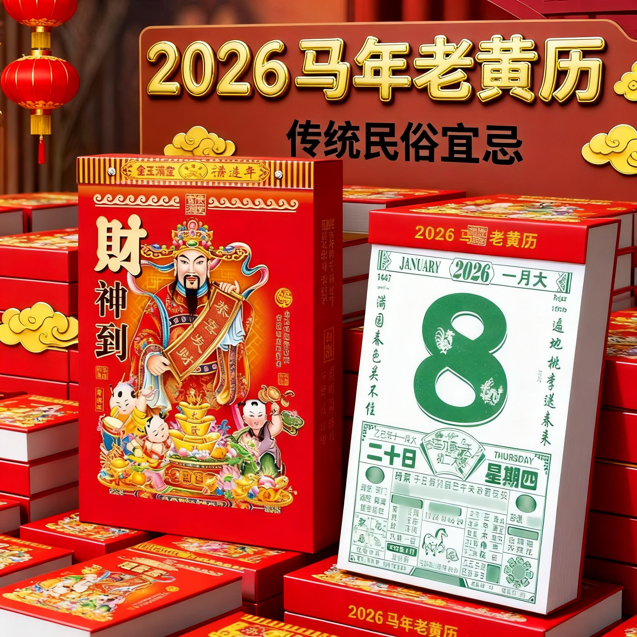2026年马年新版挂历黄道吉日财神到老黄历万年历家用挂墙手撕日历