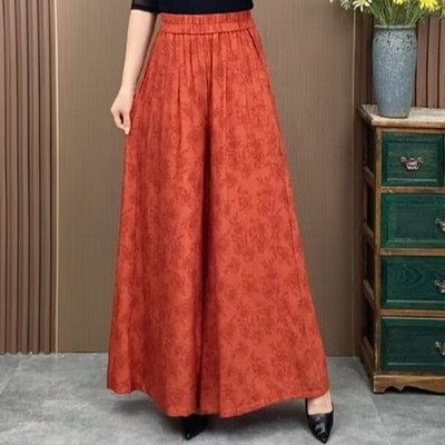 提花松紧腰阔腿裤国风休闲裙裤