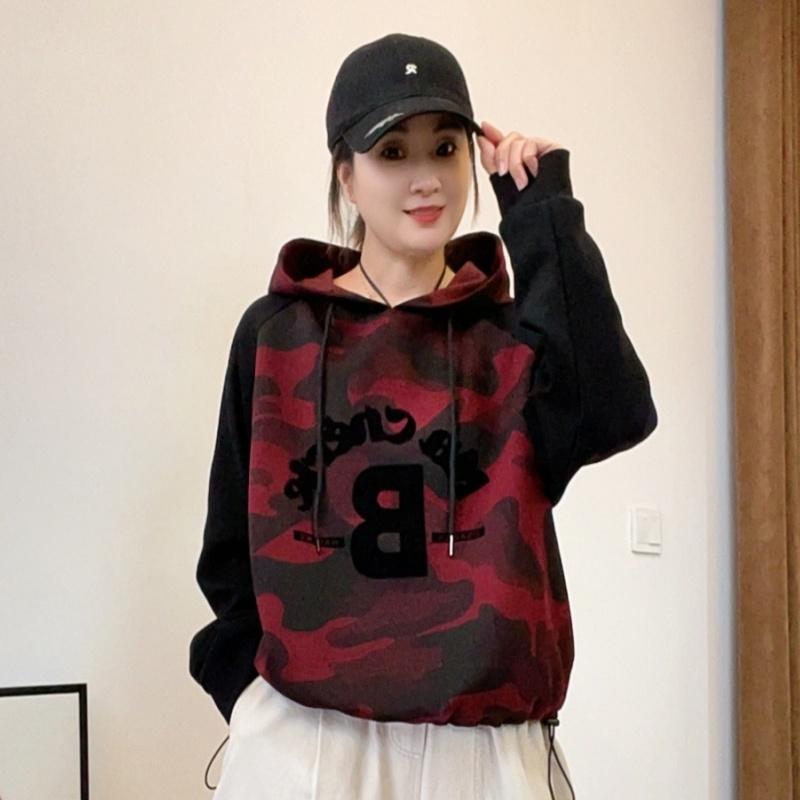 2025春秋款休闲时尚潮流迷彩植绒拼接连帽卫衣女百搭宽松长袖上衣