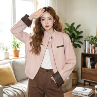 复古简约皮衣粉色外套机车新款 2026独特宽松遮肉撞色上衣休闲夹克