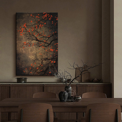 诧寂风客厅装饰画 画荷花竹子柿柿如意中古壁画 画茶室饭厅宋代美