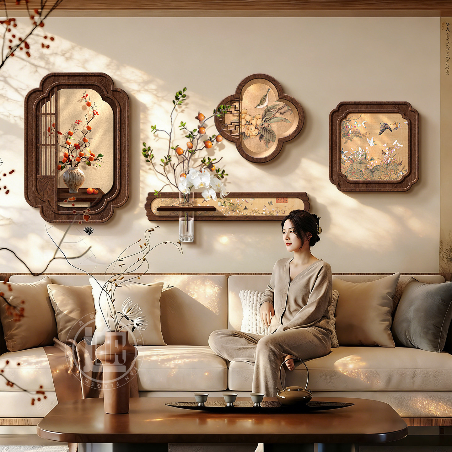 宋式美学柿子客厅挂画2026新款沙发壁画新中式茶室氛围布置装饰画