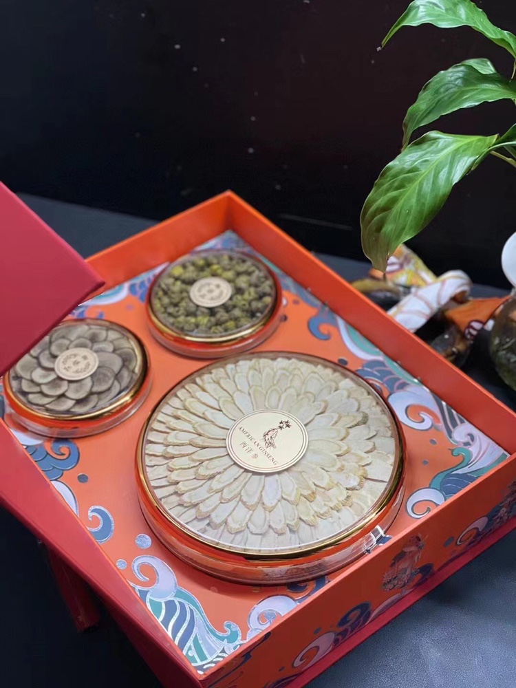 喜乐中国红礼品三拼礼盒花旗参片石斛鹿茸