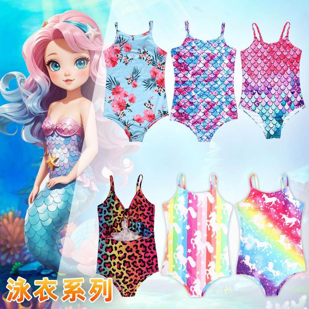 跨境新品儿童美人鱼游泳衣女童连体泳装女孩泡温泉三角裤吊带泳衣