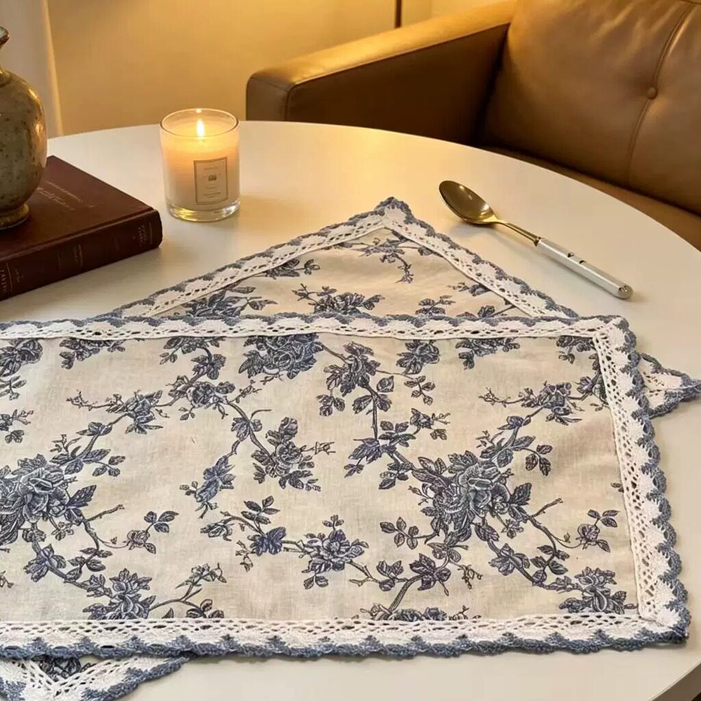 法式复古青花棉麻餐垫茶垫蕾丝花餐垫