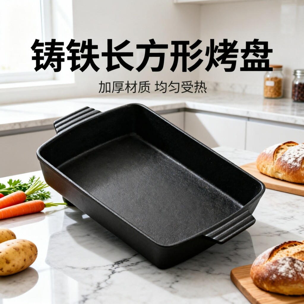 烤鱼锅长方形铸铁烤盘双耳无涂层铸铁烤鱼盘烤箱燃气通用烤肉铁板图片