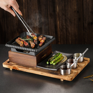 日式 方形铸铁烤肉盘酒精加热保温炉餐厅日料料理盘双人套餐餐具
