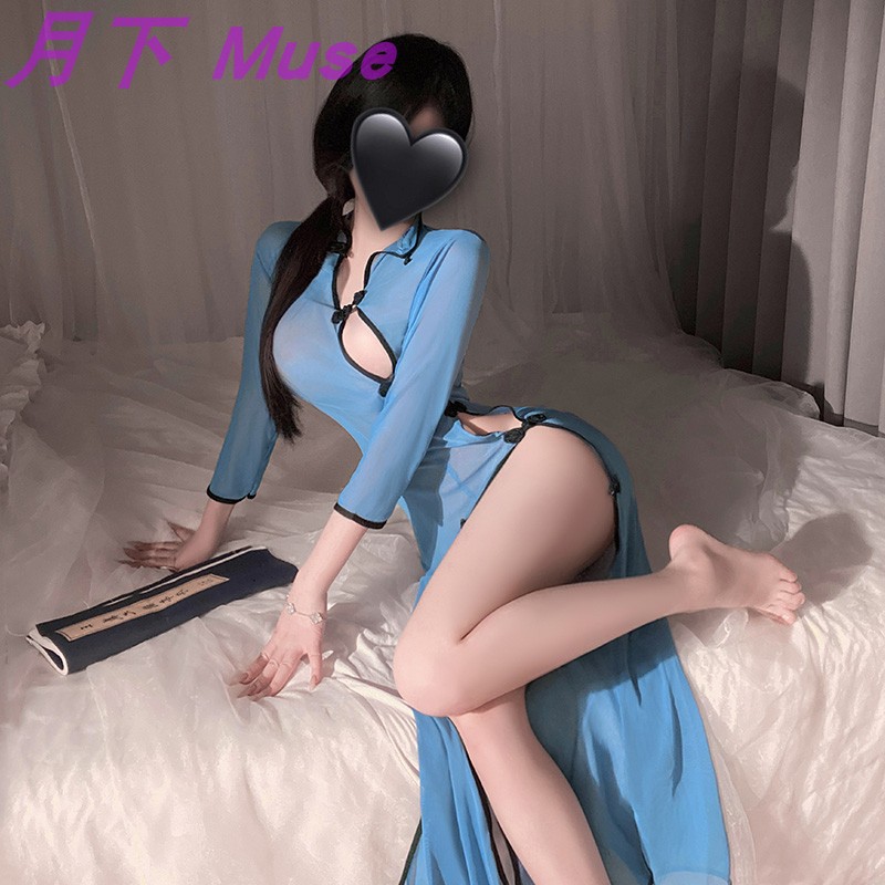 月下 Muse/长款复古民国风旗袍套装制服透视诱惑内衣性感纯欲睡裙