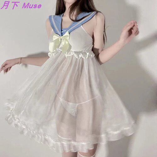 二次元甜美V领水手服蝴蝶结睡裙