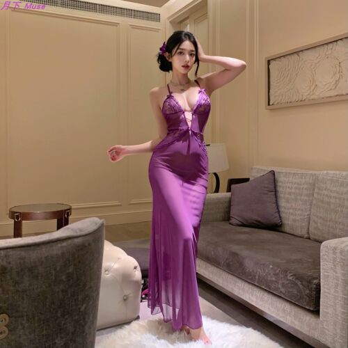 唯美纯欲深V透视网纱吊带睡裙