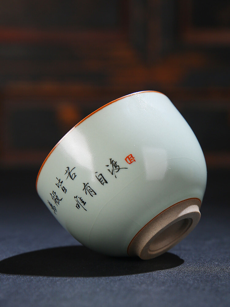 直销品瓷汇汝窑茶杯单杯主人杯陶瓷手写个人杯公司私人定 制送礼