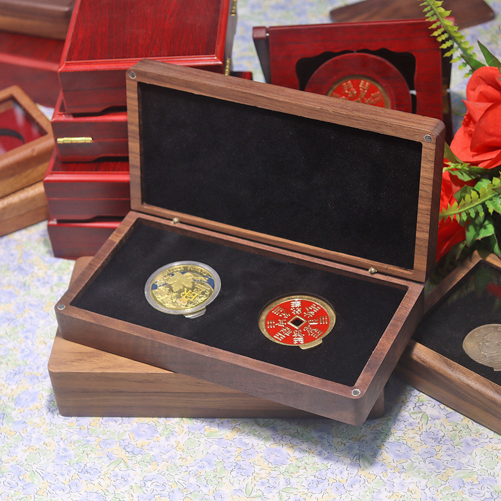 大号双币盒实木黑胡桃实心双纪念币金币纪念章礼品木盒收藏礼盒