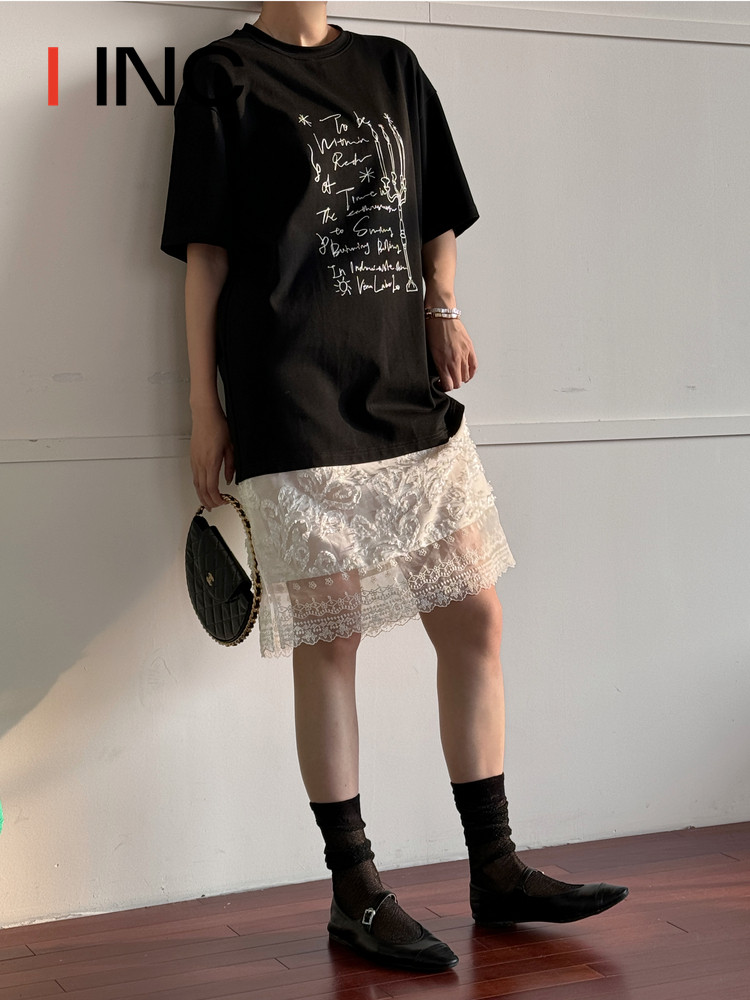 VENA LABEL 24PF 라운드 넥 얇은 프린트 스플 라이스 메쉬 반팔 티셔츠 여성용 레이스 드레스 IINC