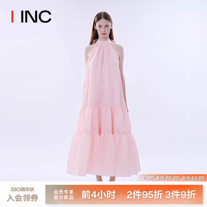 【MINGMA 设计师品牌】IINC 24早春粉色蝴蝶结挂脖连衣裙长裙女