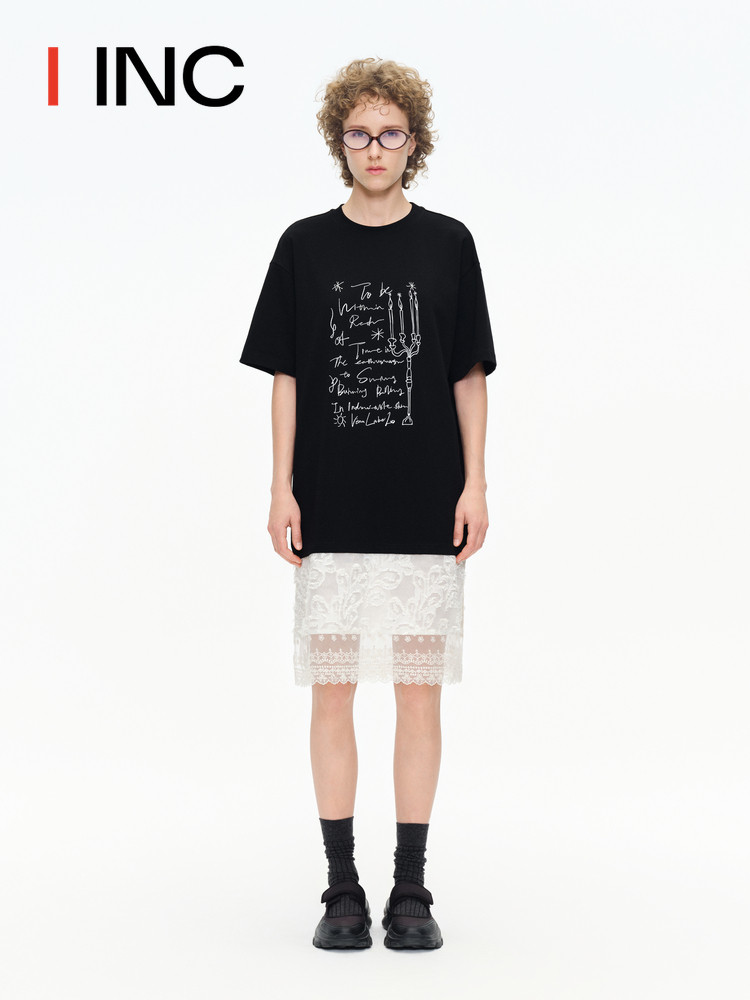 VENA LABEL 24PF 라운드 넥 얇은 프린트 스플 라이스 메쉬 반팔 티셔츠 여성용 레이스 드레스 IINC