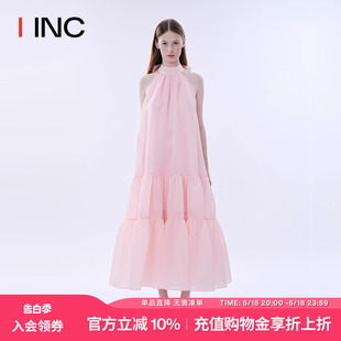 IINC MINGMA 设计师品牌 24早春粉色蝴蝶结挂脖连衣裙长裙女