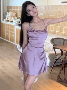 instunning 纯欲紫色连衣裙女简约A摆短裙绑带露背性感缎面吊带裙