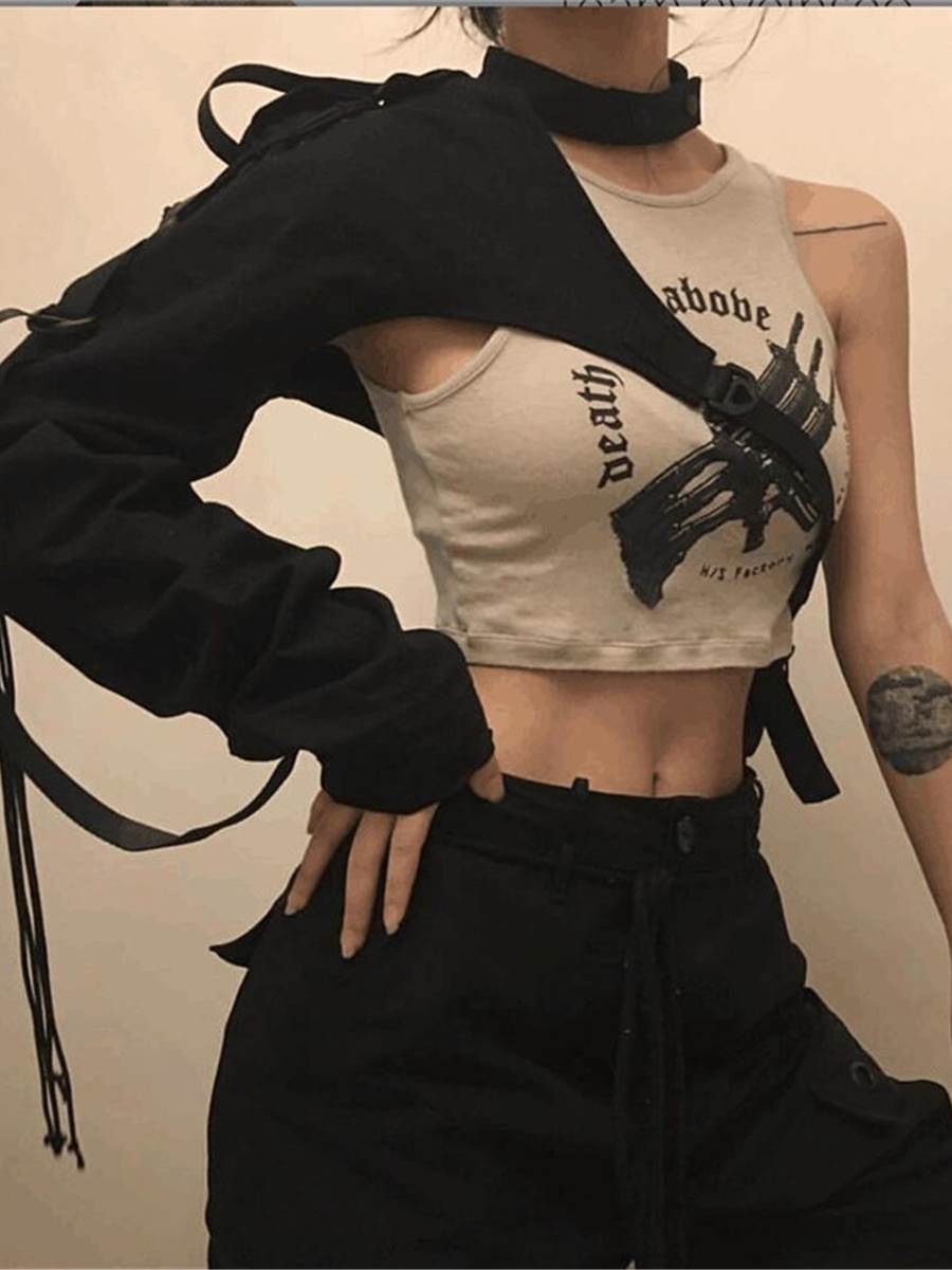 废土风女团打歌服爵士舞不规则单肩外搭心机绑带设计感jazz上衣