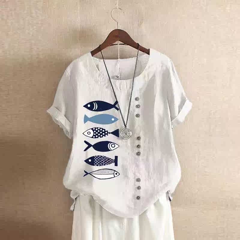 2020年新款亚马逊wish速卖通爆款女装卡通印花棉麻短袖休闲衬衣女