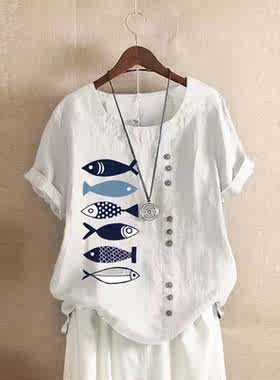 2020年新款亚马逊wish速卖通爆款女装卡通印花棉麻短袖休闲衬衣女