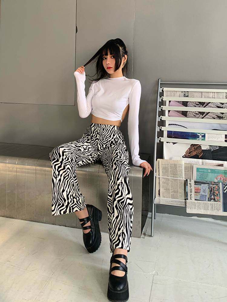欧美高腰斑马纹印花阔腿裤女长裤个性街头百搭宽松显瘦休闲裤女