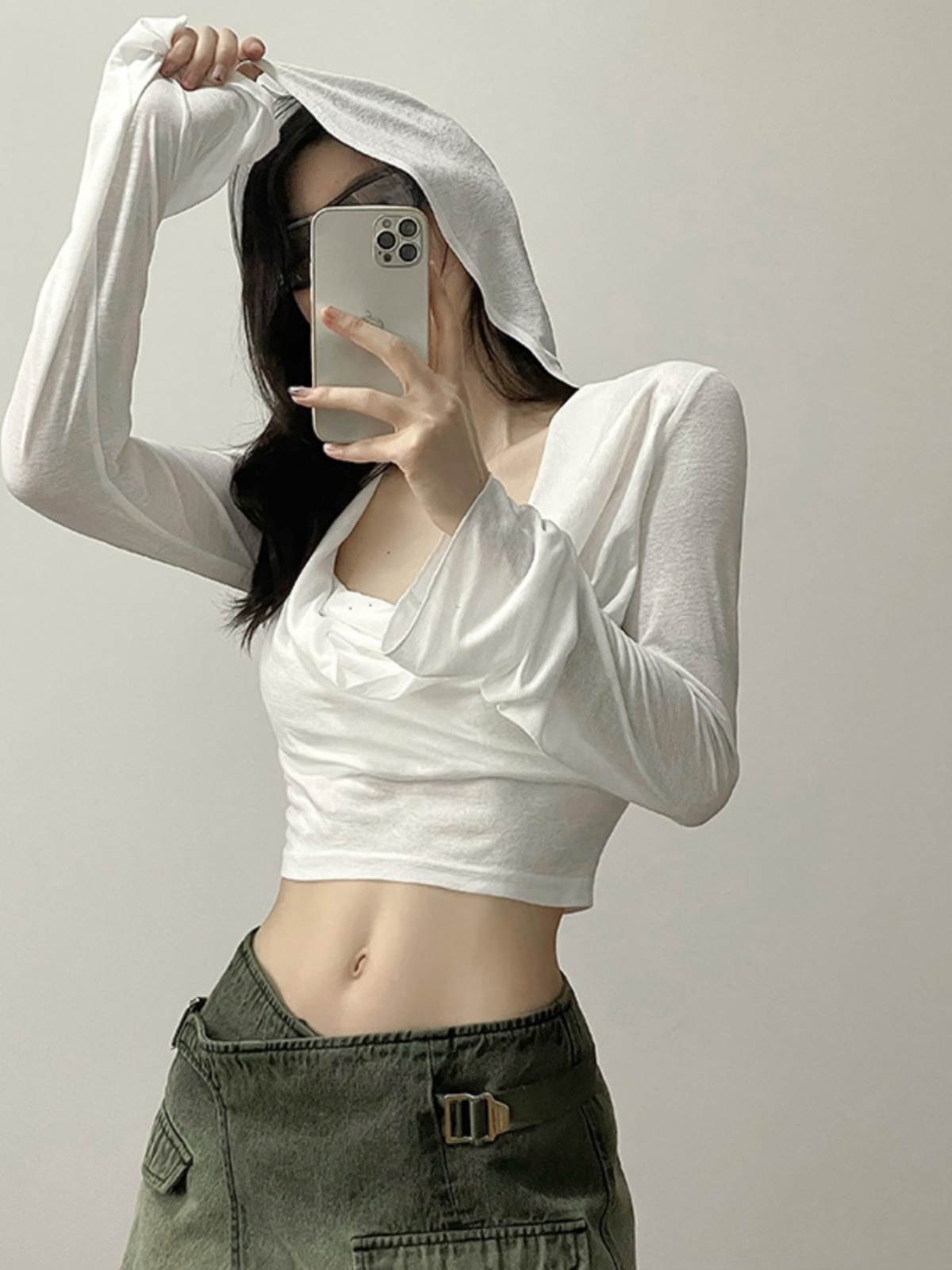 欧美辣妹风性感连帽t恤女薄款个性小众设计感爵士jazz短款上衣