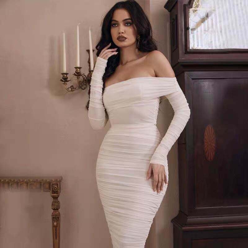 Long a word shoulder fold dress sexy slender party dress