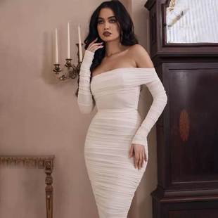 shoulder fold dress Long slender word sexy party