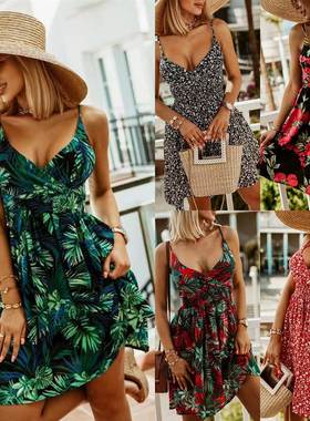 eBay速卖通亚马逊新款欧美街头外贸V领印花吊带收腰显瘦a字连衣裙