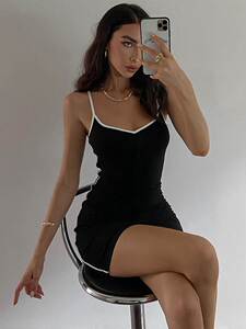 instunning欧美黑白撞色吊带连衣裙女修身显瘦桃心领辣妹包臀短裙