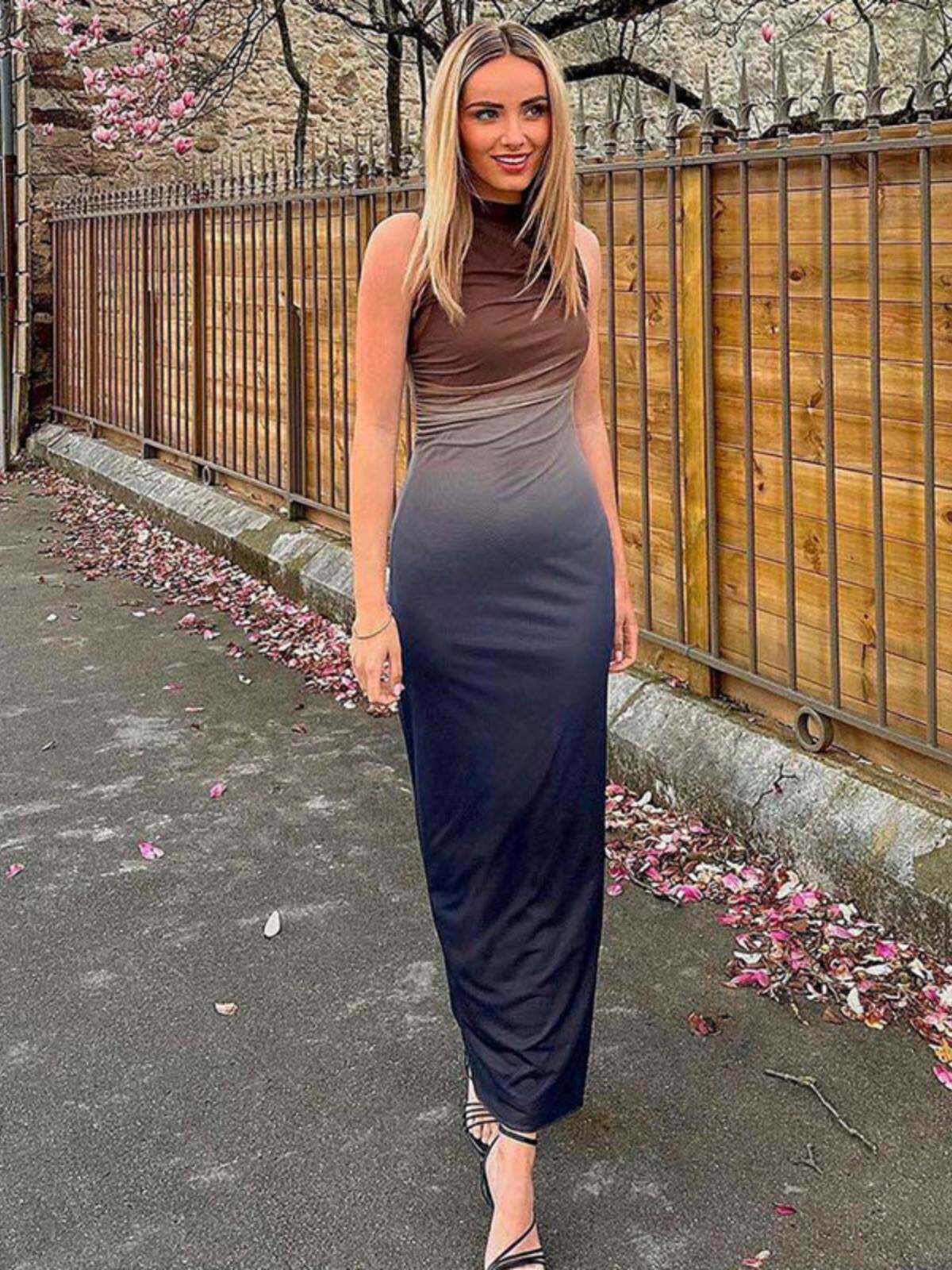 欧美风ins网红性感辣妹跨境外贸女装渐变辣妹高个长裙网纱一步裙
