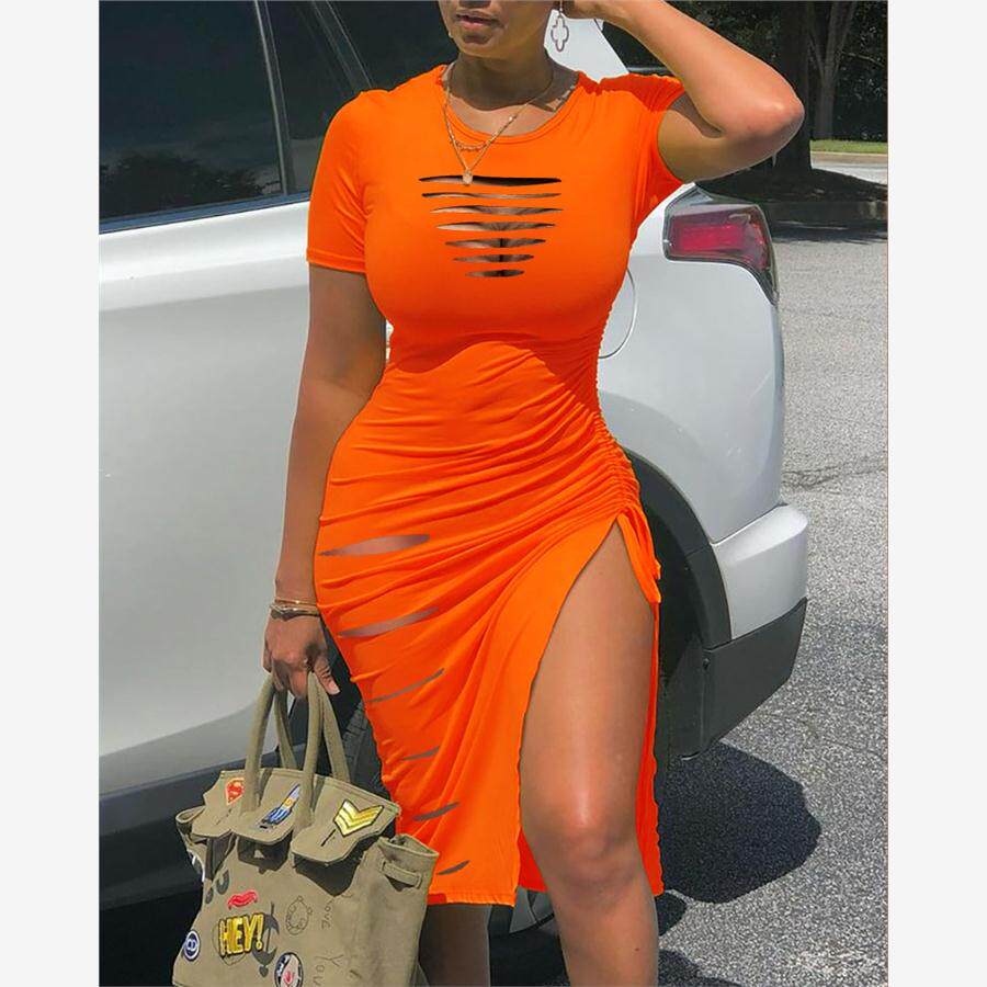 纯色割破褶皱抽绳侧开连衣裙 Cutout Drawstring High Slit Dress