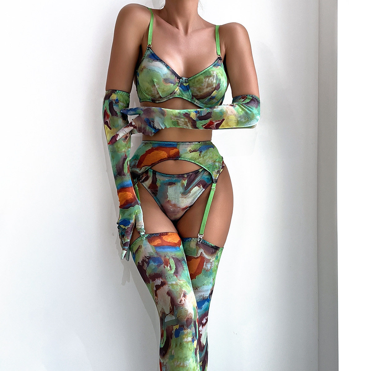 Outfitgirl 军绿色网纱印花搞怪少女cosplay内衣文胸套装手套袜子