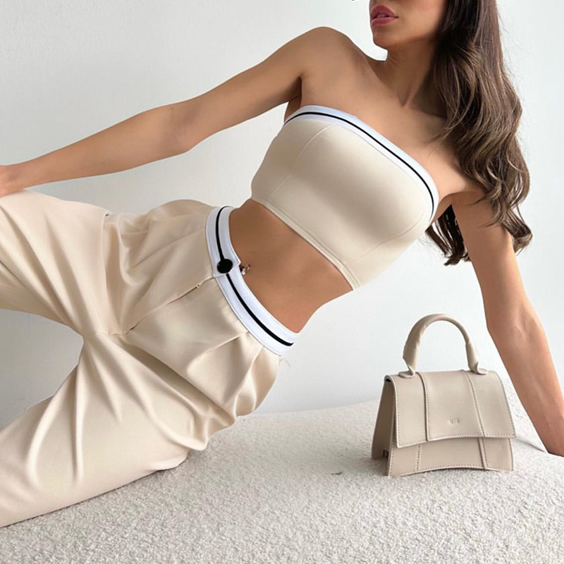 Outfitgirl气质辣妹休闲撞色抹胸背心高腰阔腿显瘦显高长裤套装女