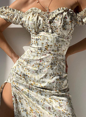 woman clothes 欧美收腰显瘦性感一字肩印花长裙辣妹低胸开叉碎花
