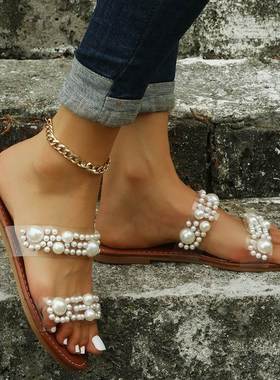 pearl women flat slippers ladies sandals big size 43平底拖鞋