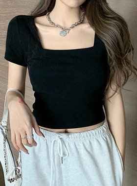方领短袖高腰短款露脐t恤女2022summer women sexy t shirts tops