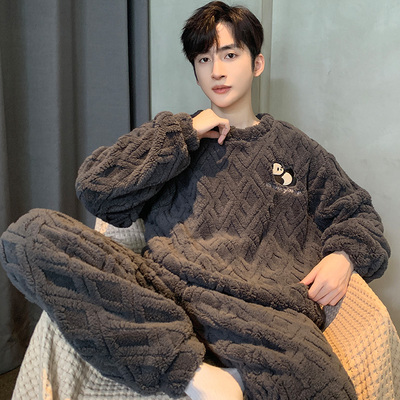 全棉纯棉睡衣男士秋冬季新款加绒加厚珊瑚绒青少年男式家居服套装