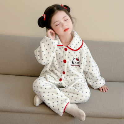 全棉纯棉儿童睡衣秋冬季珊瑚绒加厚女宝可爱点点KT猫开衫套装新款