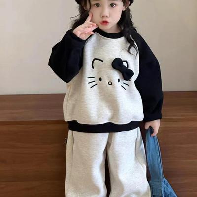 全棉纯棉女童洋气休闲加绒卫衣套装卡通图案猫咪百搭宝宝卫衣卫裤