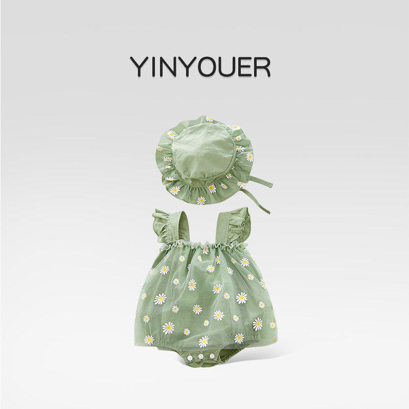 全棉纯棉婴儿夏装吊带哈衣套装女宝宝包屁衣网纱公主裙百天新生儿