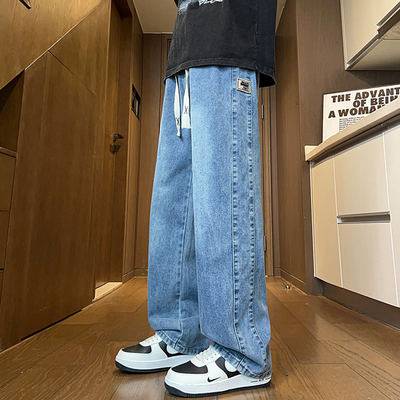 潮牌系绳宽松浅色水洗情侣牛仔裤