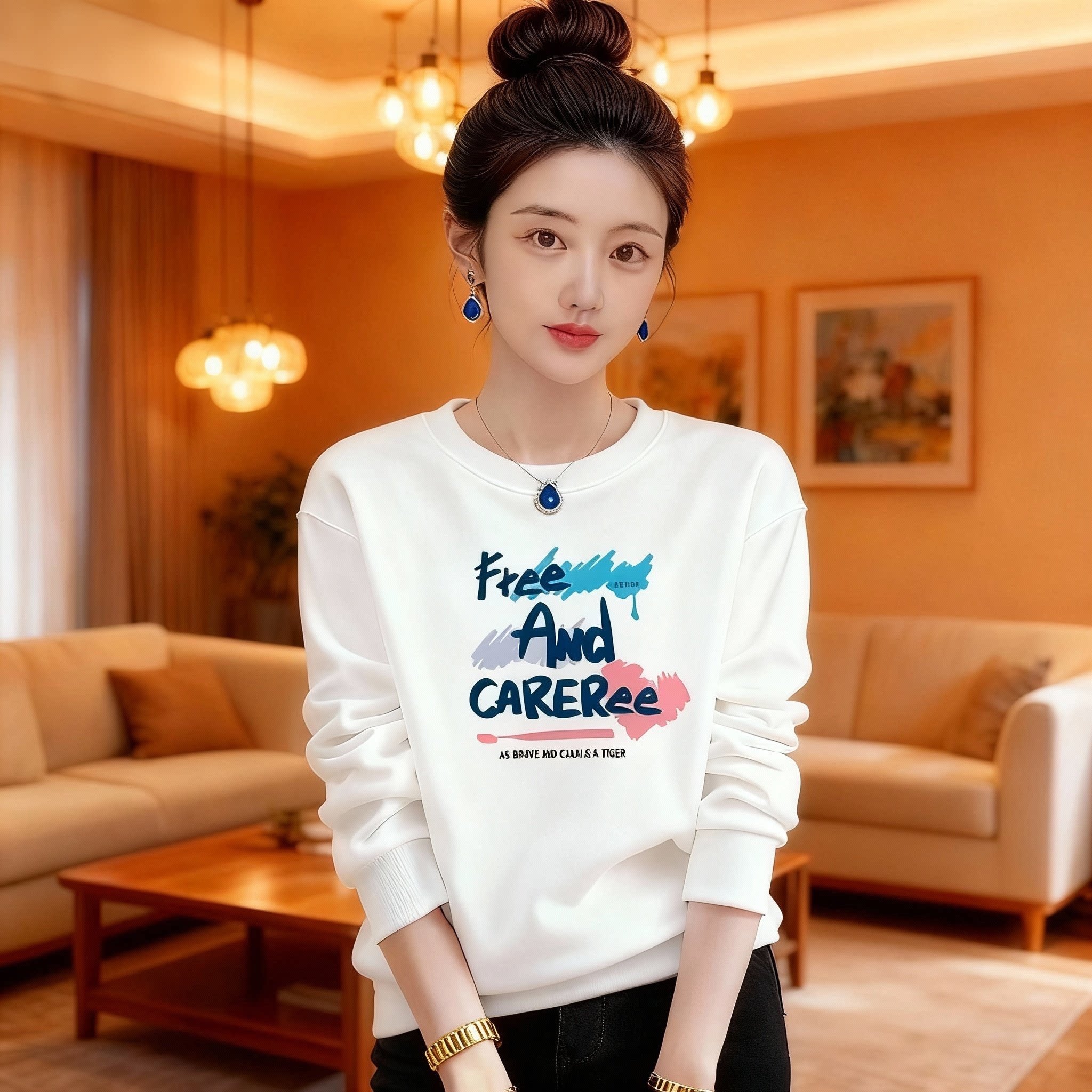 中长款2026韩版潮流宽松显瘦简约保暖春秋新款卫衣女印花圆领上衣