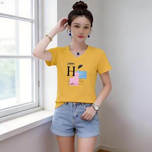 夏季新款v领鸡心领t恤女宽松正肩薄款胖mm遮肉显瘦女士t恤短袖女