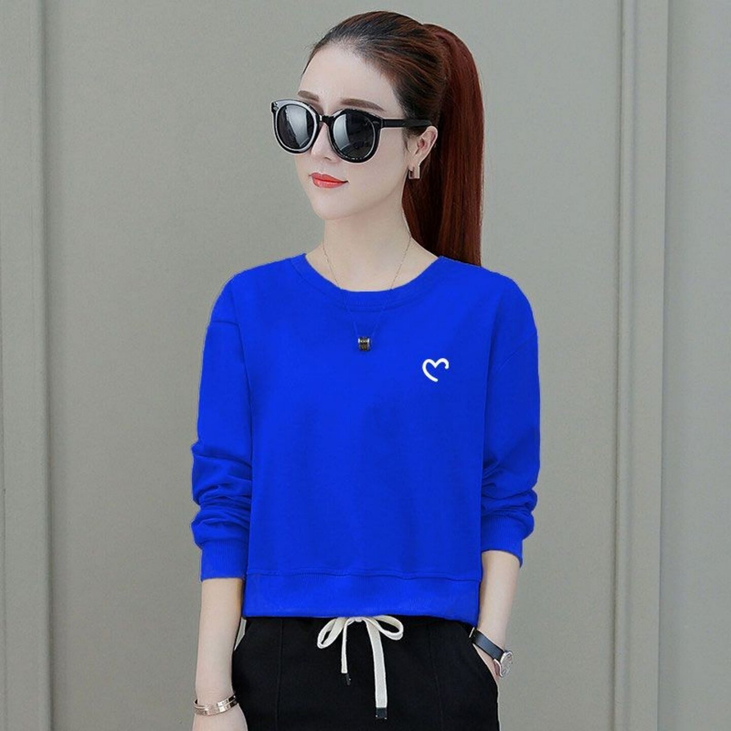 长袖秋季新款宽松韩版高腰短款蓝色卫衣女显瘦小个子洋气女装外套