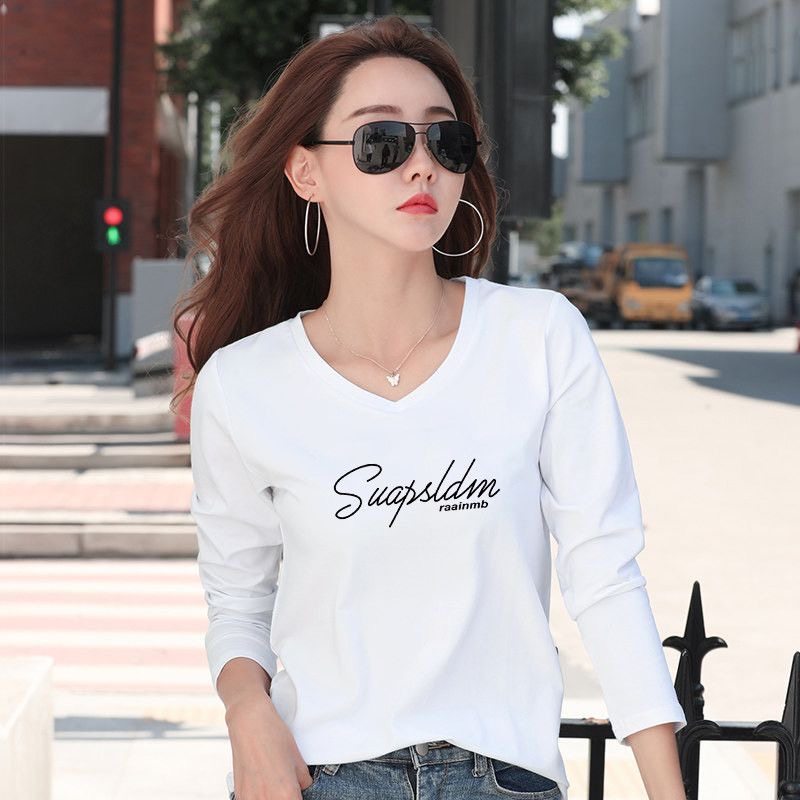 精梳棉时尚v领长袖t恤女上衣春秋2026新款韩版宽松显瘦打底衫外穿