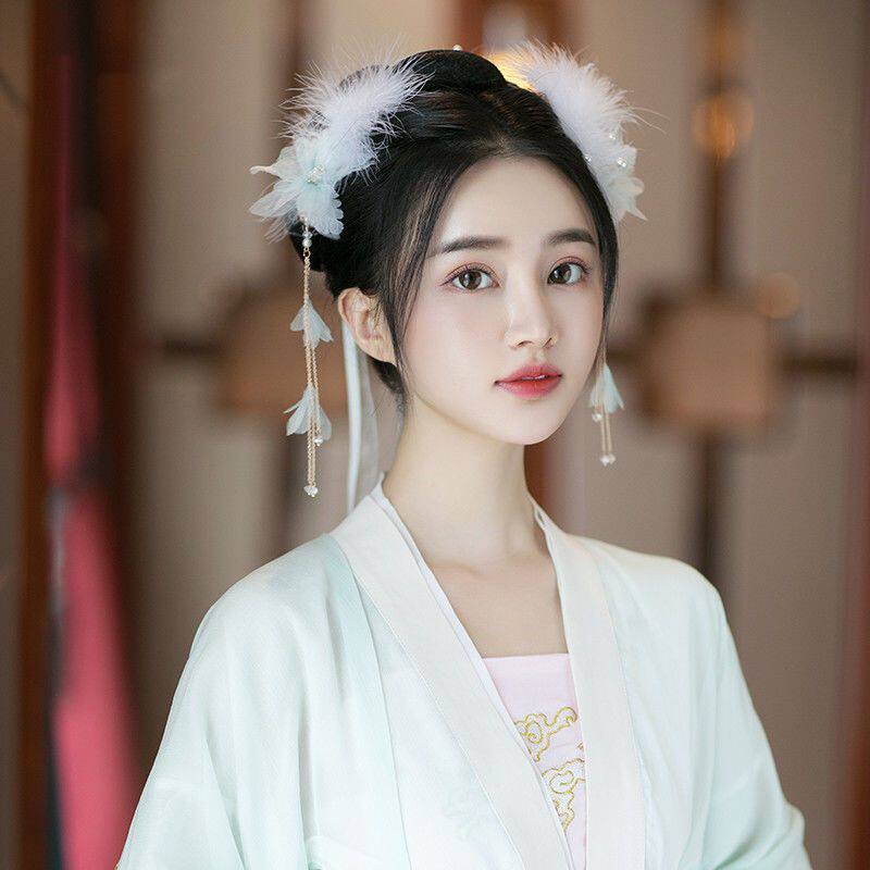 嫦娥仙子头饰汉服头饰儿童配饰发簪一对表演成人一套嫦娥羽毛头饰