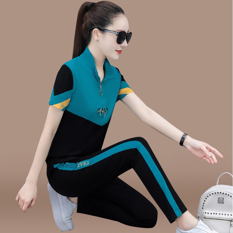  运动服套装女士2021夏季新款时尚姜黄色短袖广场舞跑步休闲两件套