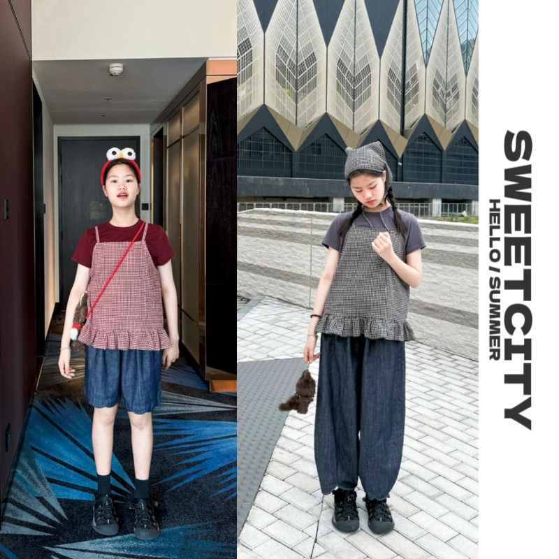 sweetcity独家设计 夏季新女童韩范复古百搭舒适格子背心上衣吊带